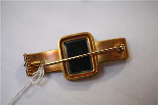 A Victorian gold, polychrome enamel and bloodstone cameo bar brooch, in the manner of Giuliano, approx. 2.5in.